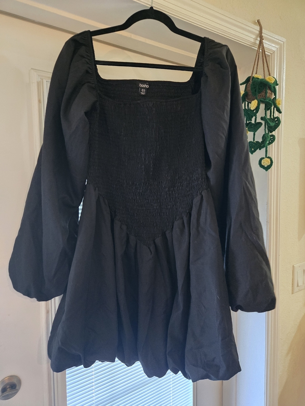 Boohoo Black Square Neck Puff Sleeve Mini Dress with Smocked Bodice